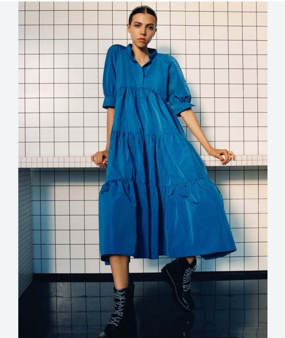 Zara Dress Womens Medium Blue Tiered Puff Sleeve Henley Midi Swing Casual